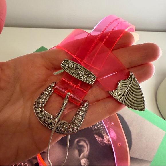 Tibi Neon Western PVC Pink Belt with Silver Accents